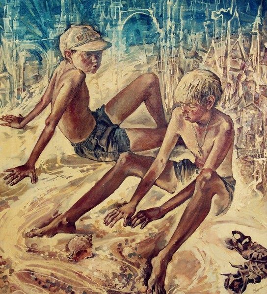 Мальчики, замки на песке. Х.м. 110х120 1996 г Автор: Пономарева Л. И. (Братск) Author: Ponomareva L. I. (Bratsk)